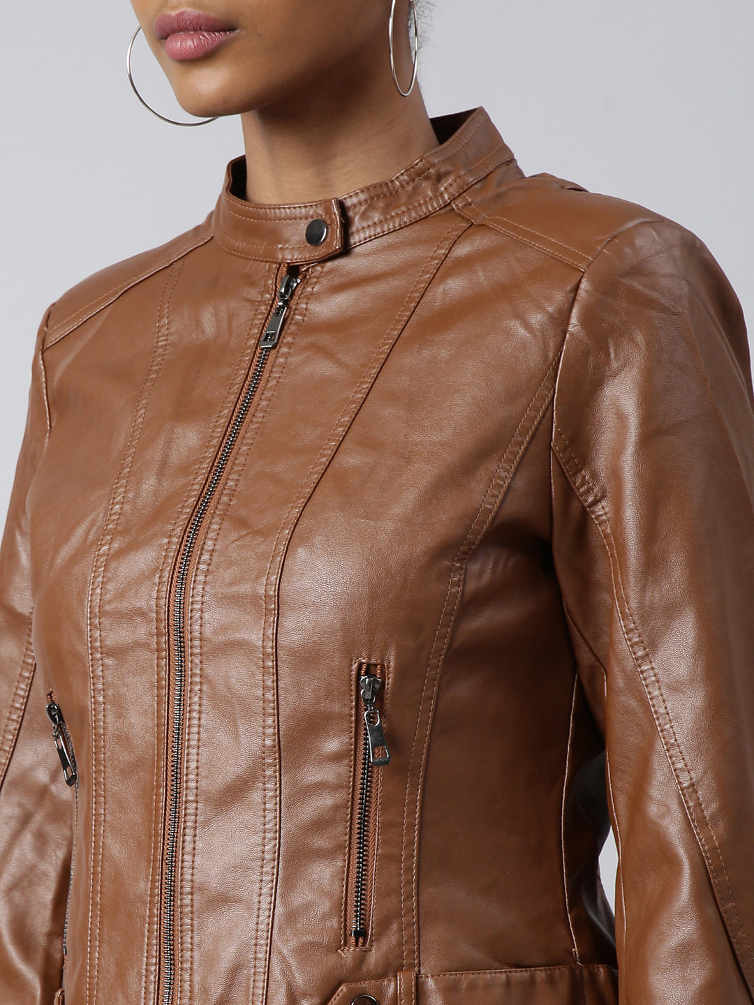 Women's Solid Brown Crop Biker Jacket