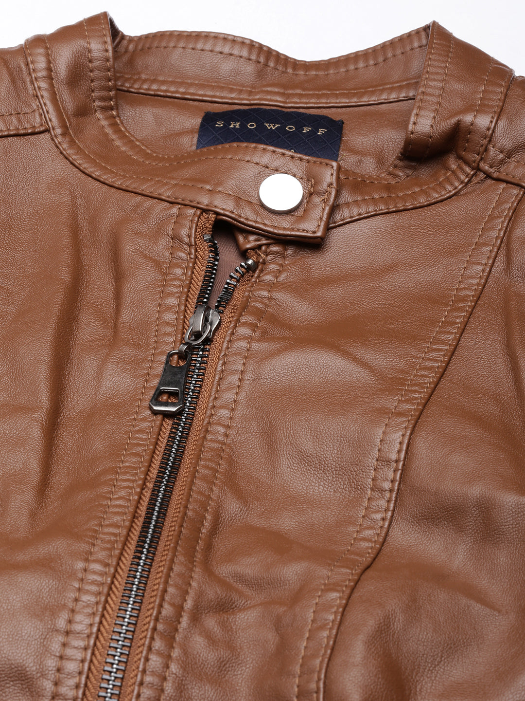 Women's Solid Brown Crop Biker Jacket