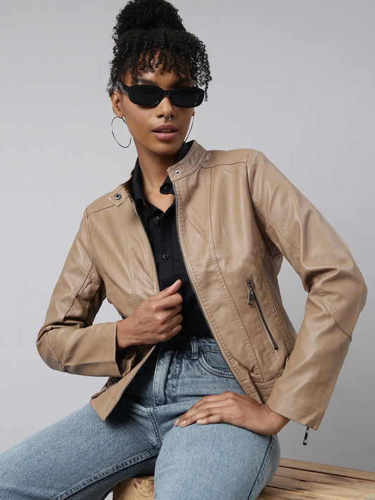 Women's Brown Stand Collar Biker Jacket