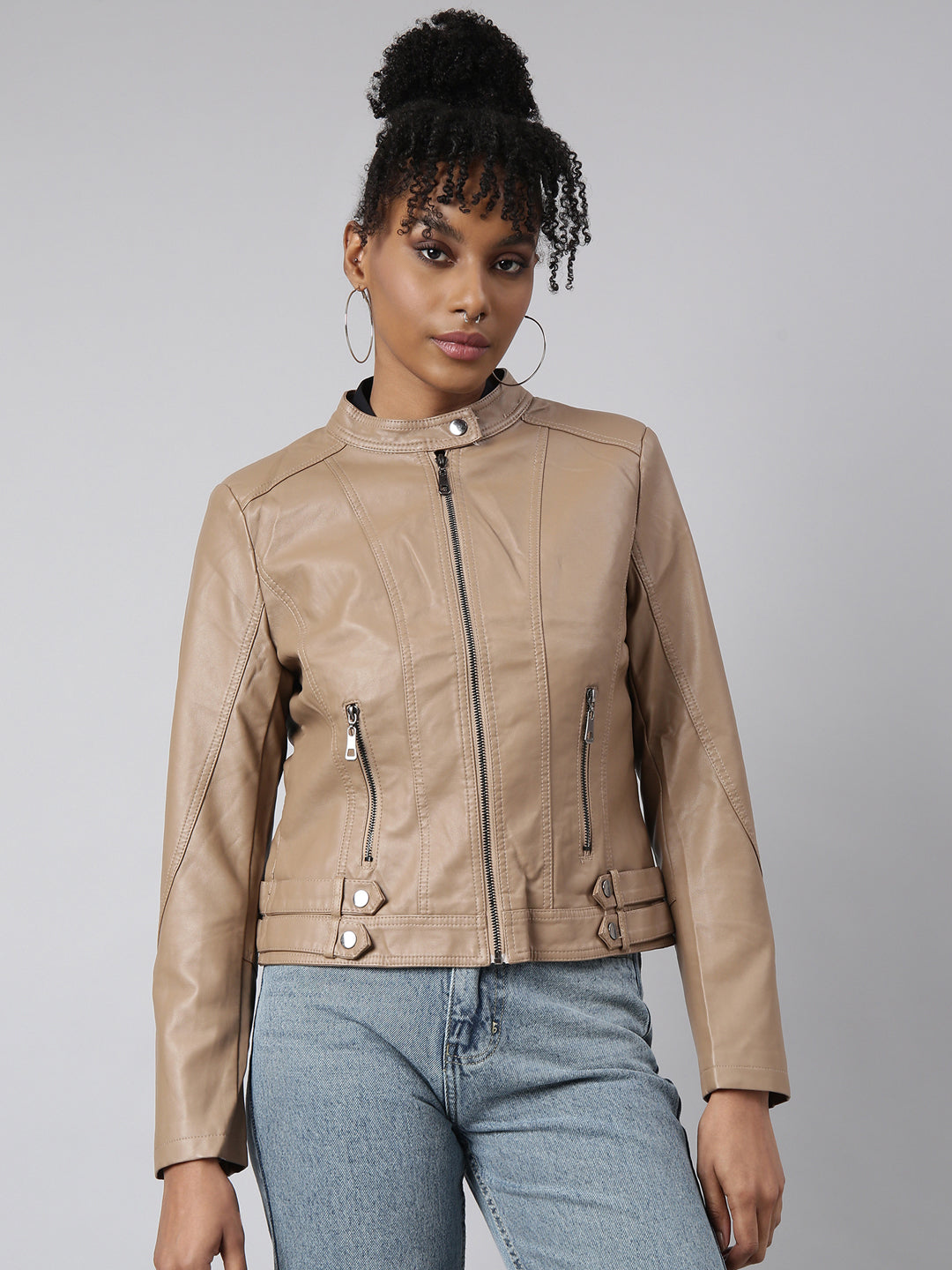 Women's Brown Stand Collar Biker Jacket