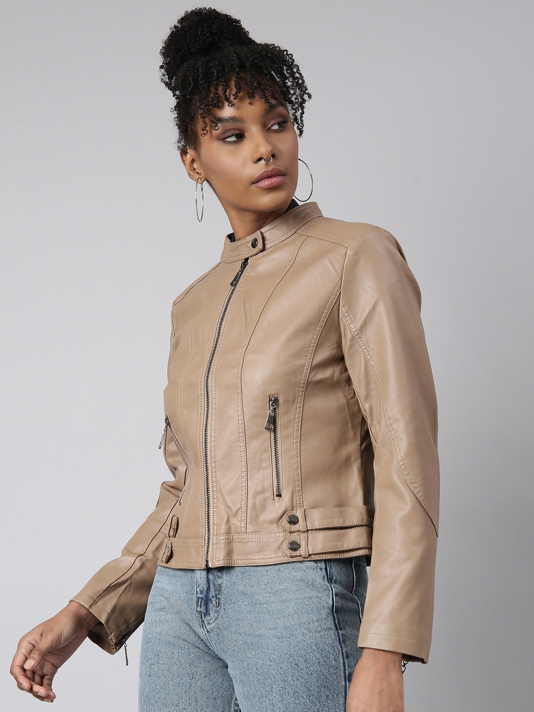 Women's Brown Stand Collar Biker Jacket