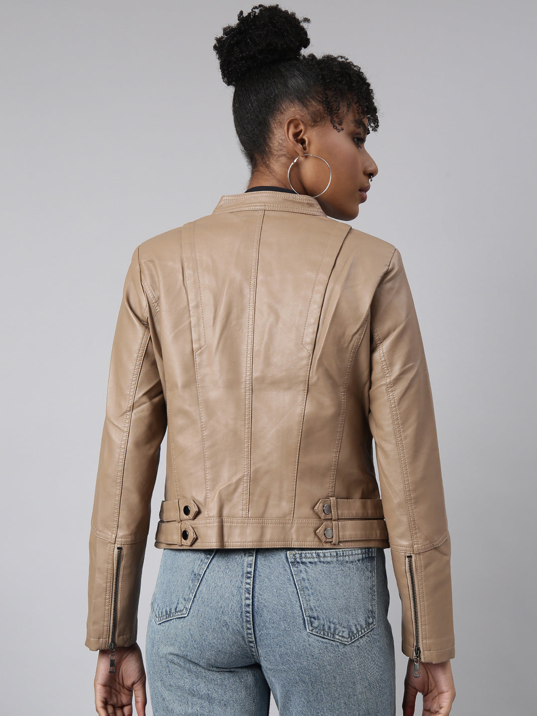 Women's Brown Stand Collar Biker Jacket