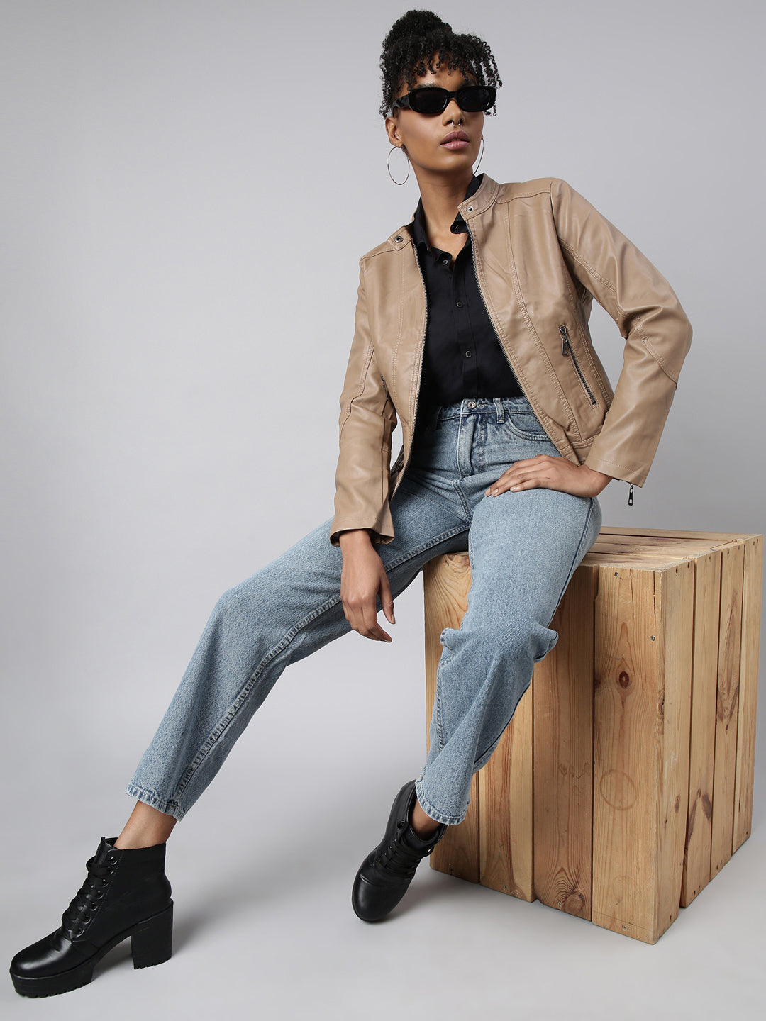 Women's Brown Stand Collar Biker Jacket