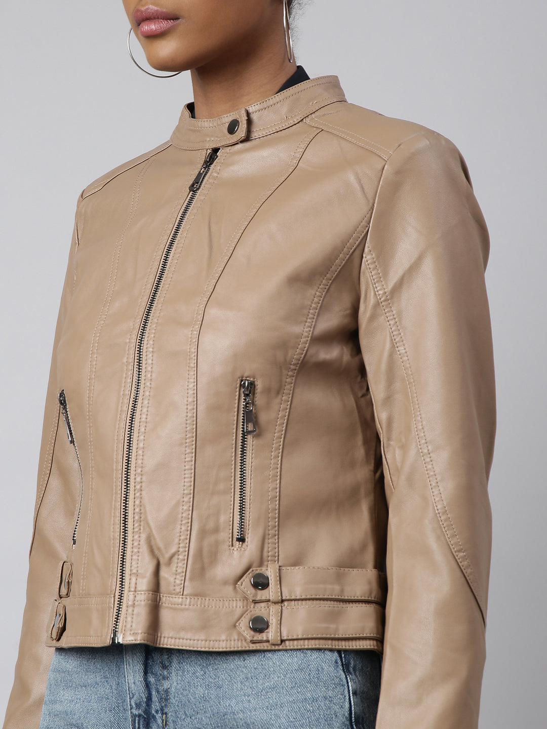 Women's Brown Stand Collar Biker Jacket
