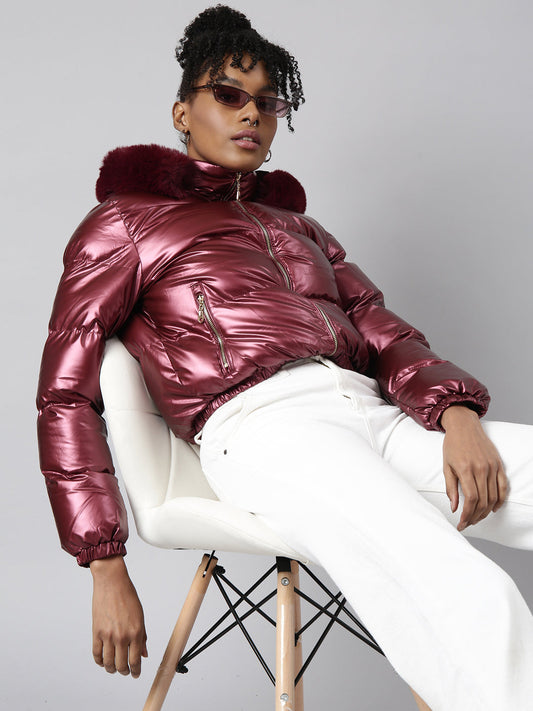 Women's Maroon Mock Collar Puffer Jacket with Detachable Hood