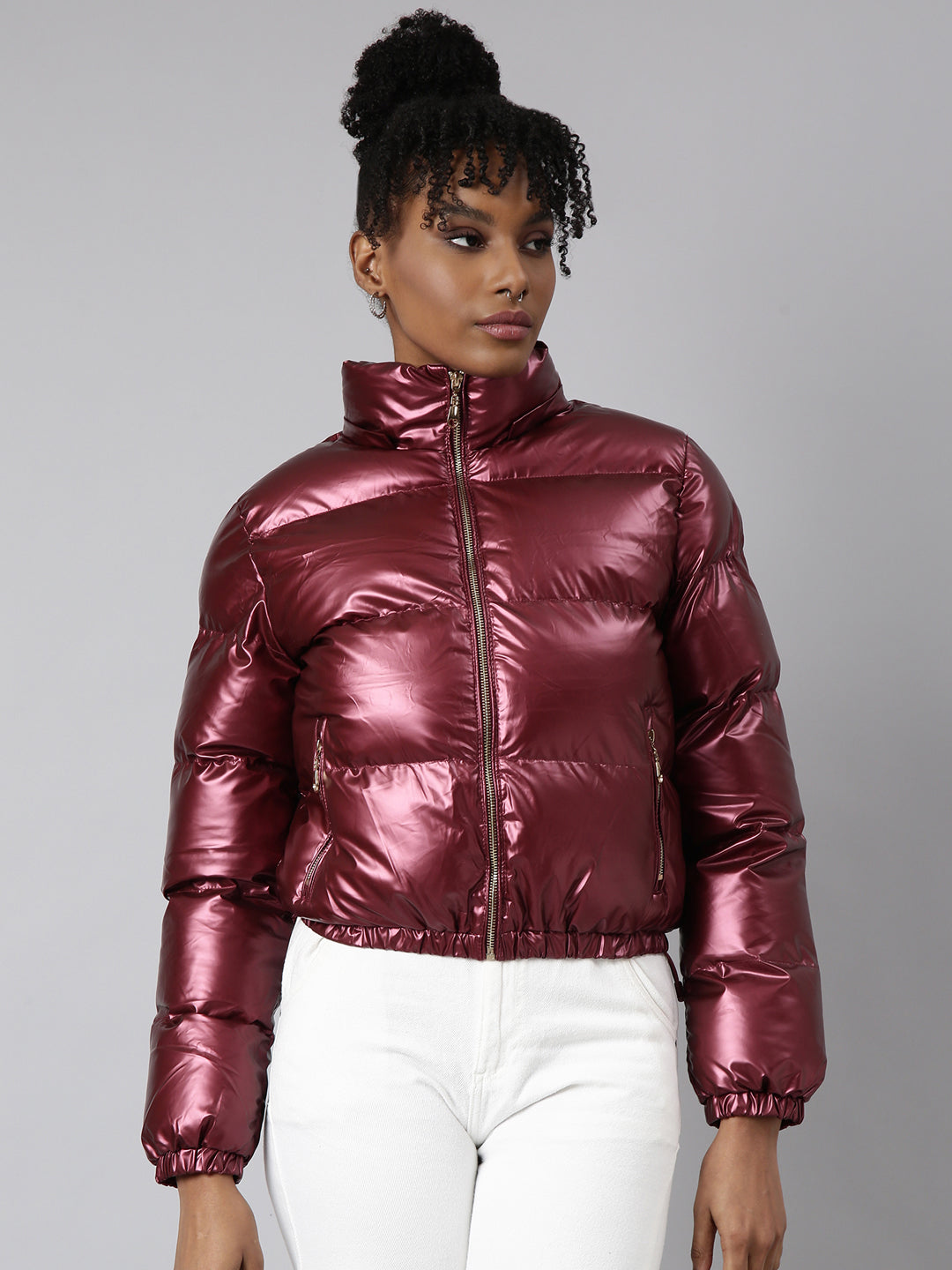 Women's Maroon Mock Collar Puffer Jacket with Detachable Hood