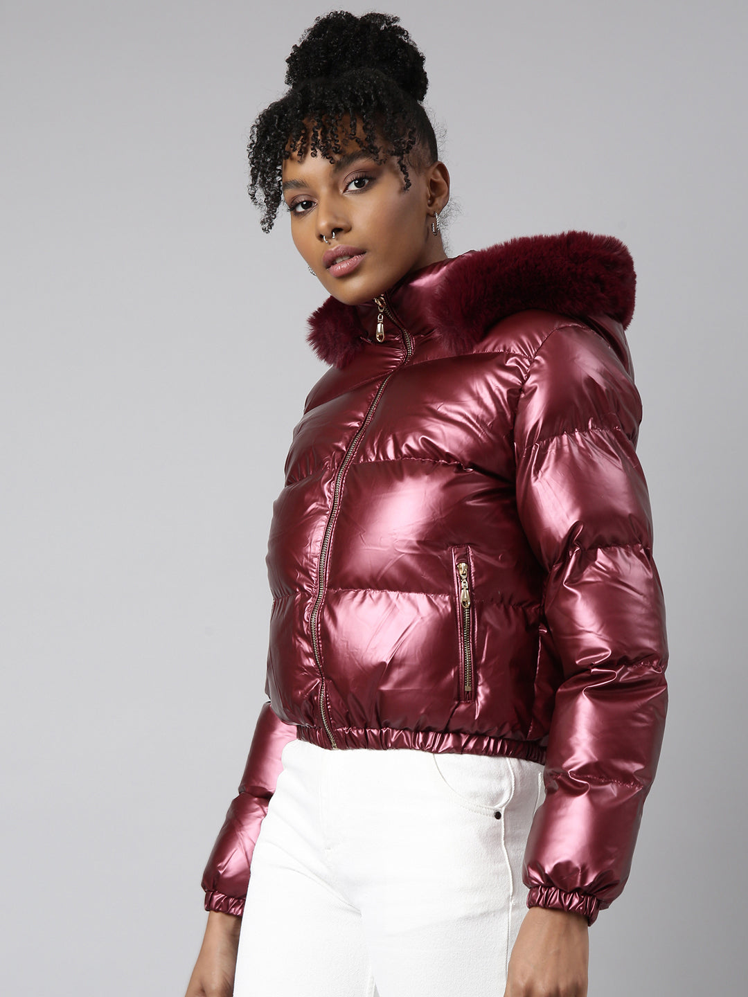 Women's Maroon Mock Collar Puffer Jacket with Detachable Hood