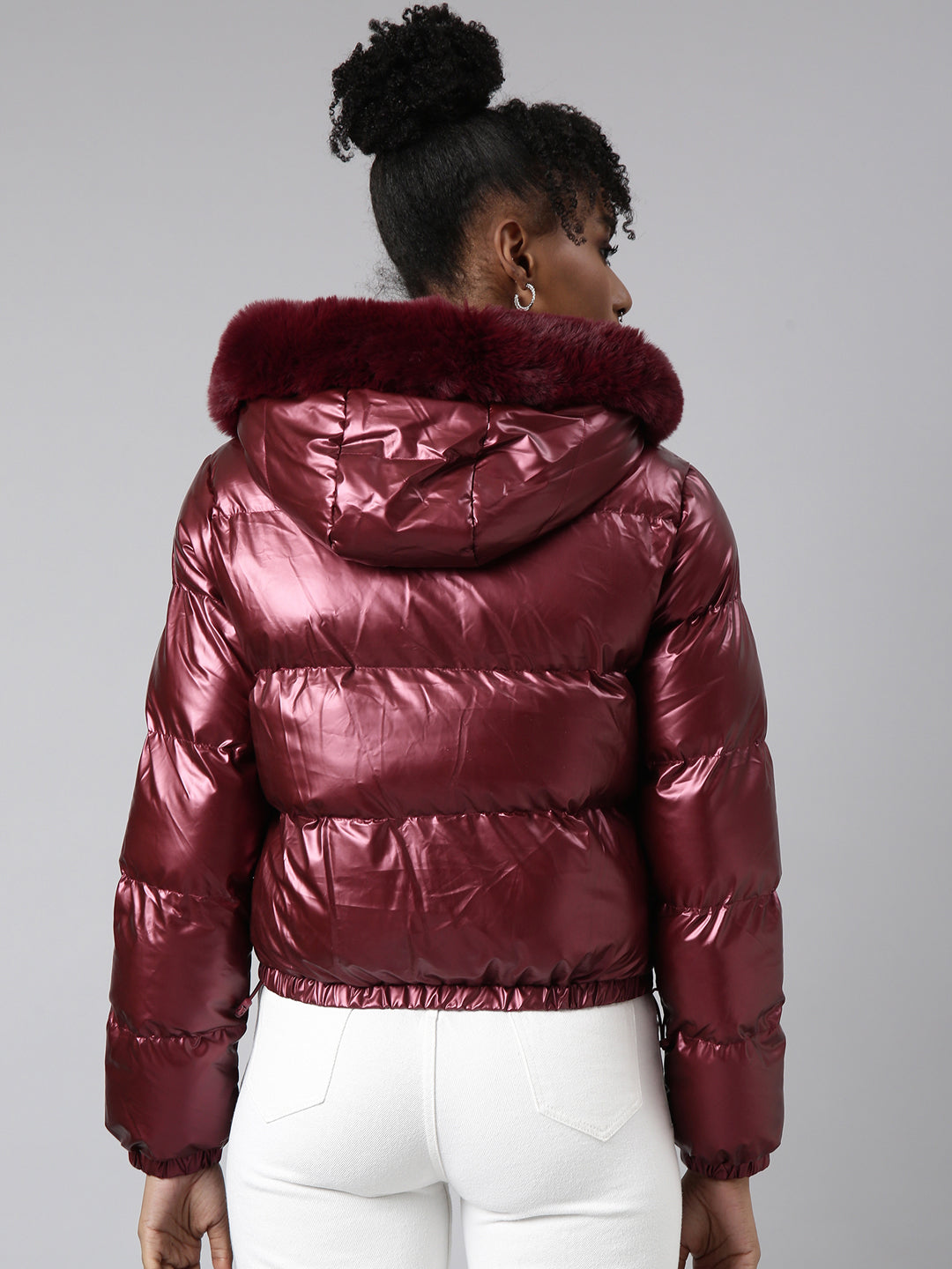 Women's Maroon Mock Collar Puffer Jacket with Detachable Hood