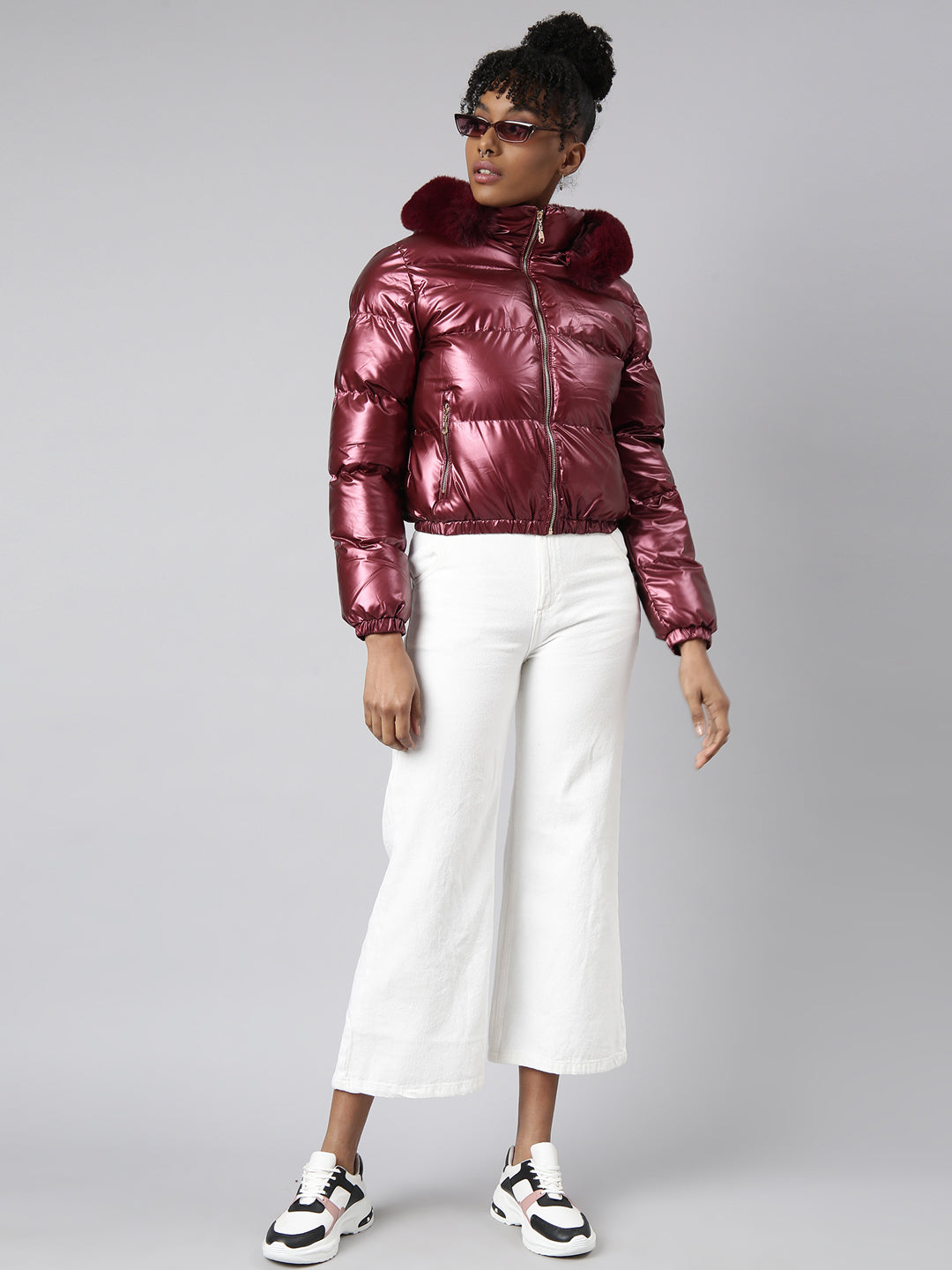 Women's Maroon Mock Collar Puffer Jacket with Detachable Hood