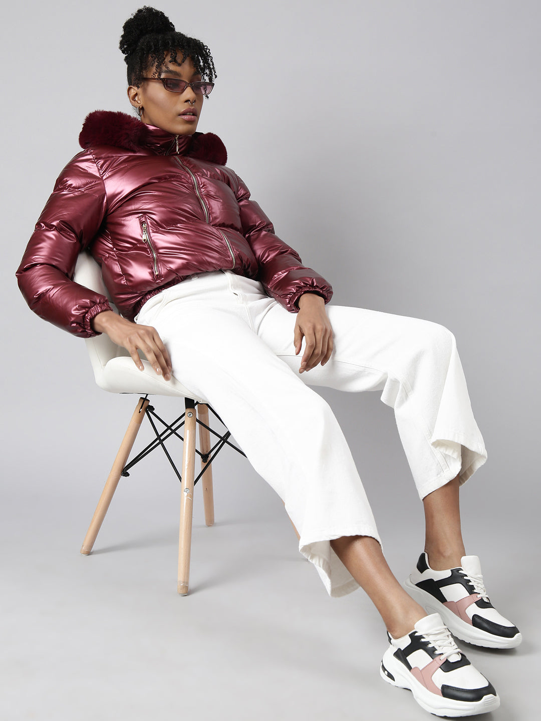 Women's Maroon Mock Collar Puffer Jacket with Detachable Hood