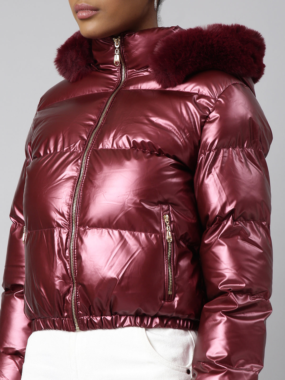 Women's Maroon Mock Collar Puffer Jacket with Detachable Hood