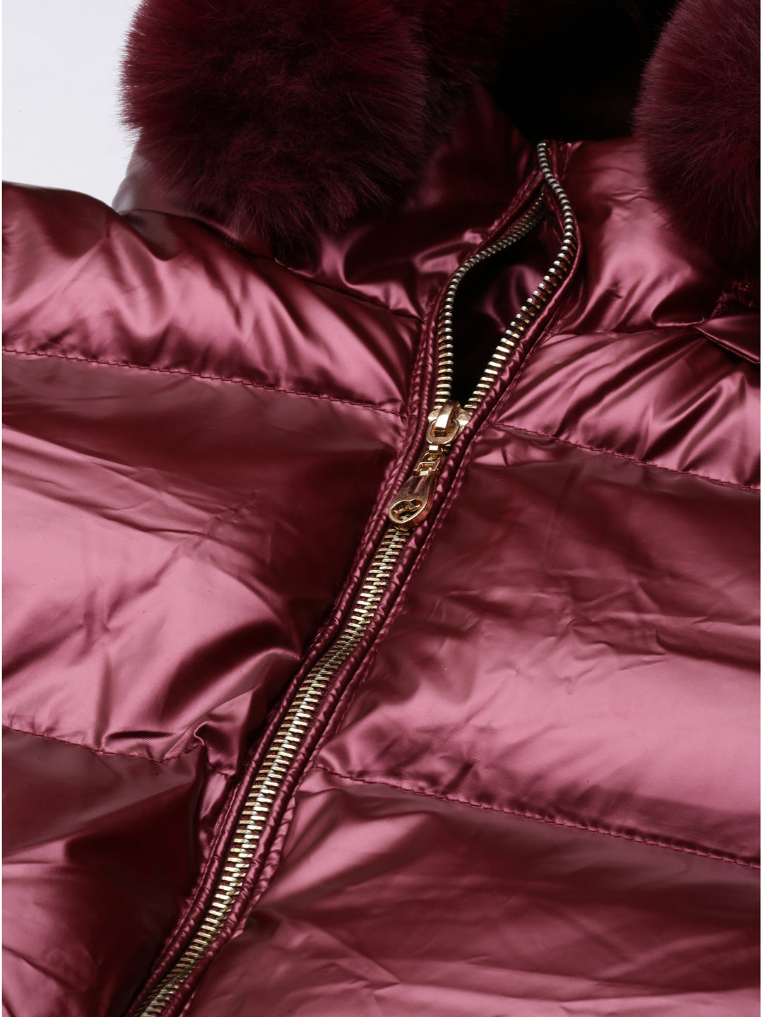 Women's Maroon Mock Collar Puffer Jacket with Detachable Hood
