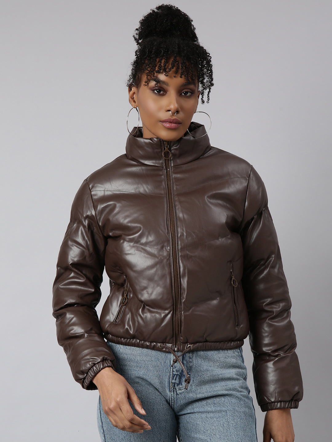Women's Brown Mock Collar Crop Puffer Jacket