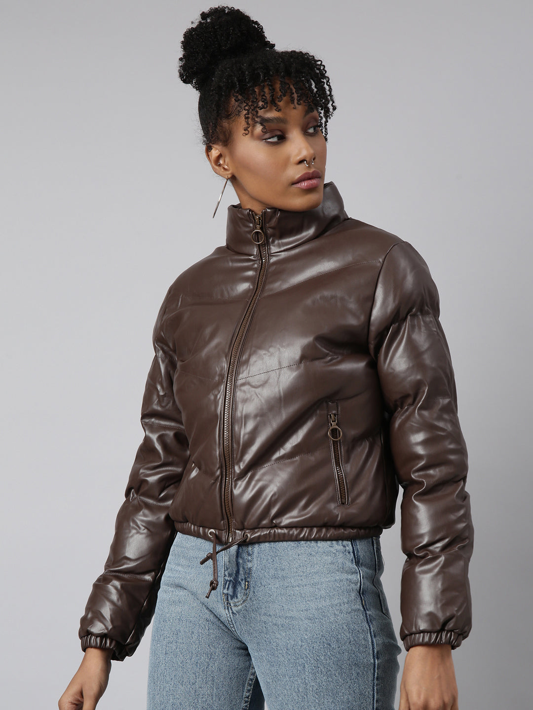 Women's Brown Mock Collar Crop Puffer Jacket