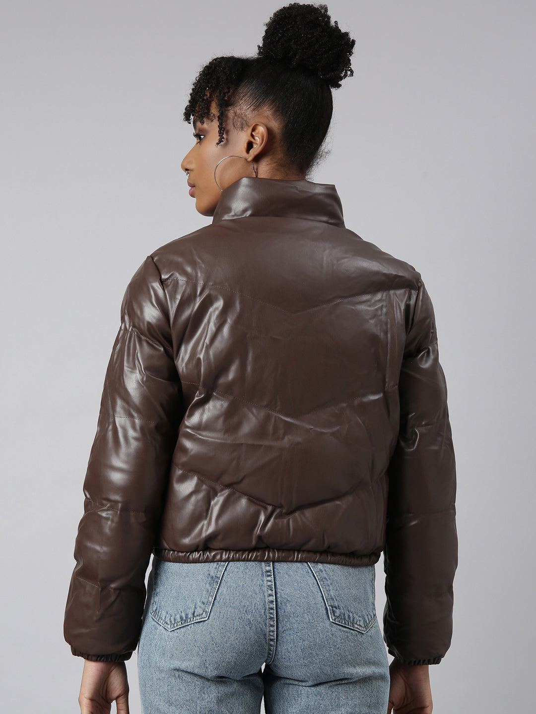 Women's Brown Mock Collar Crop Puffer Jacket