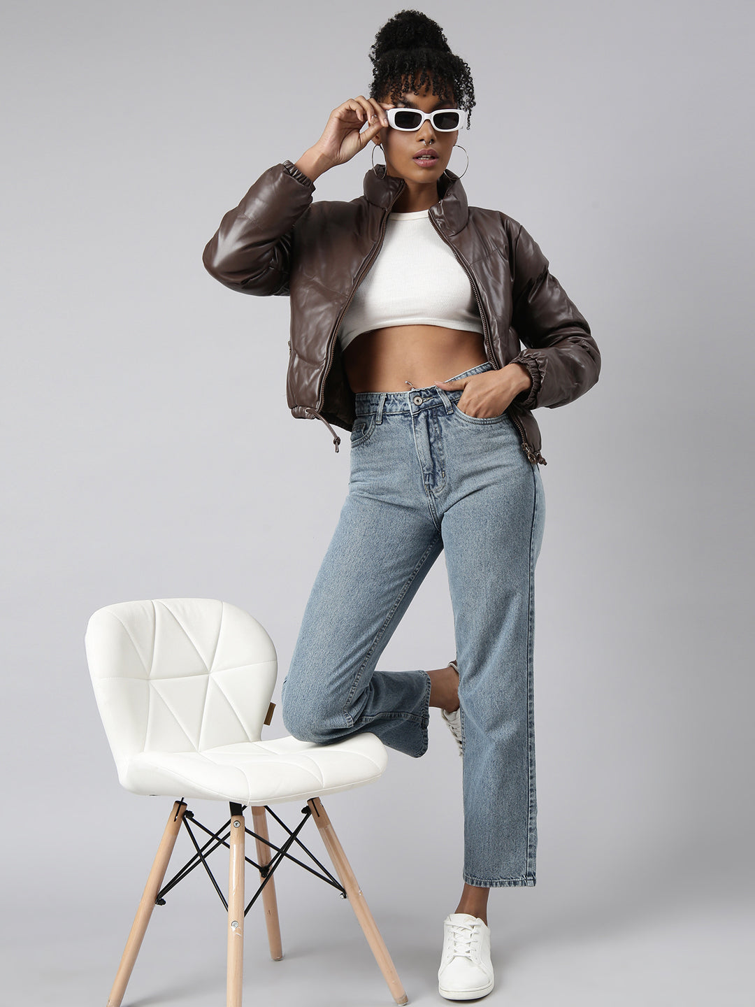 Women's Brown Mock Collar Crop Puffer Jacket