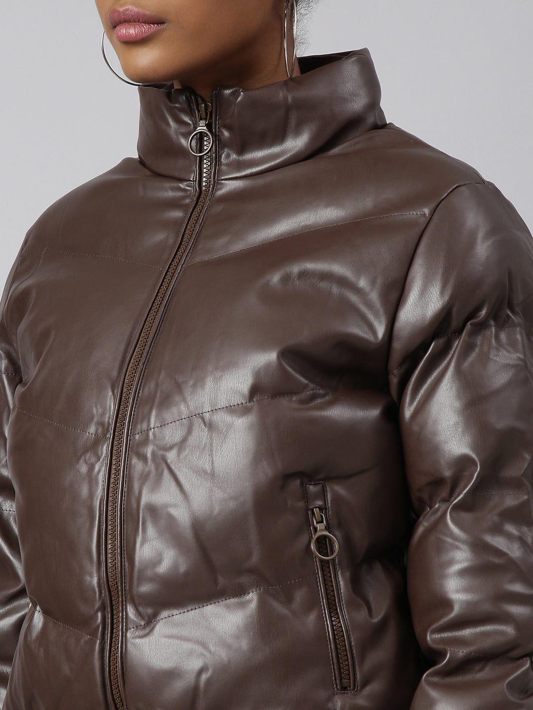Women's Brown Mock Collar Crop Puffer Jacket