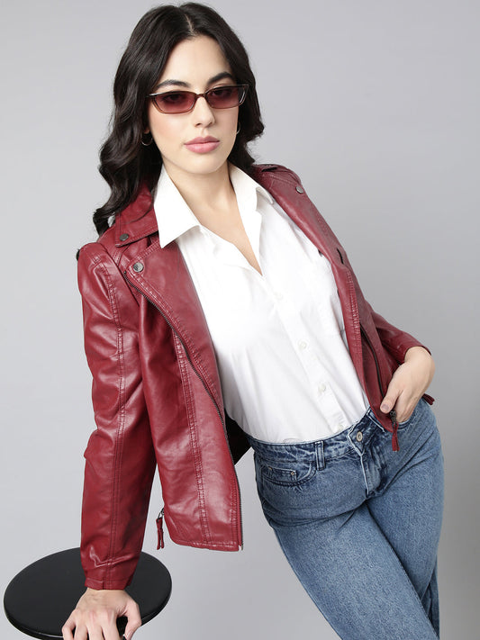 Women's Maroon Windcheater Biker Jacket