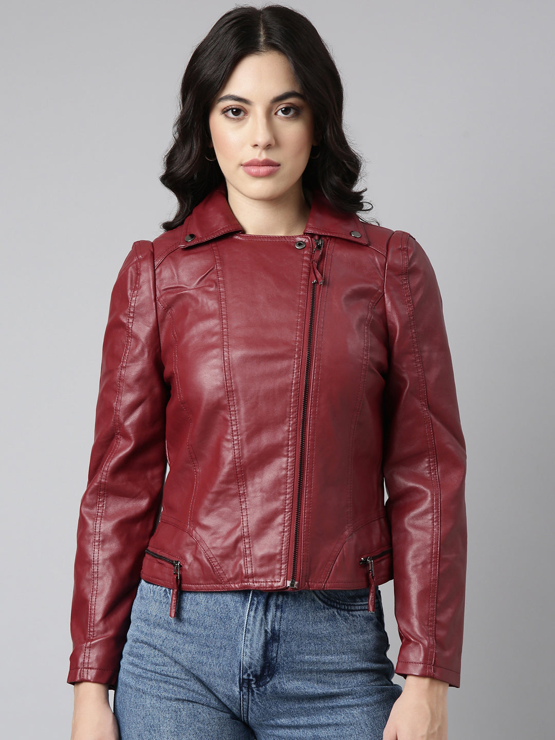 Women's Maroon Windcheater Biker Jacket