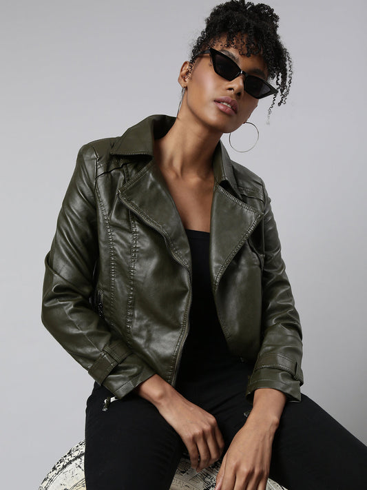 Women's Olive Spread Collar Crop Biker Jacket