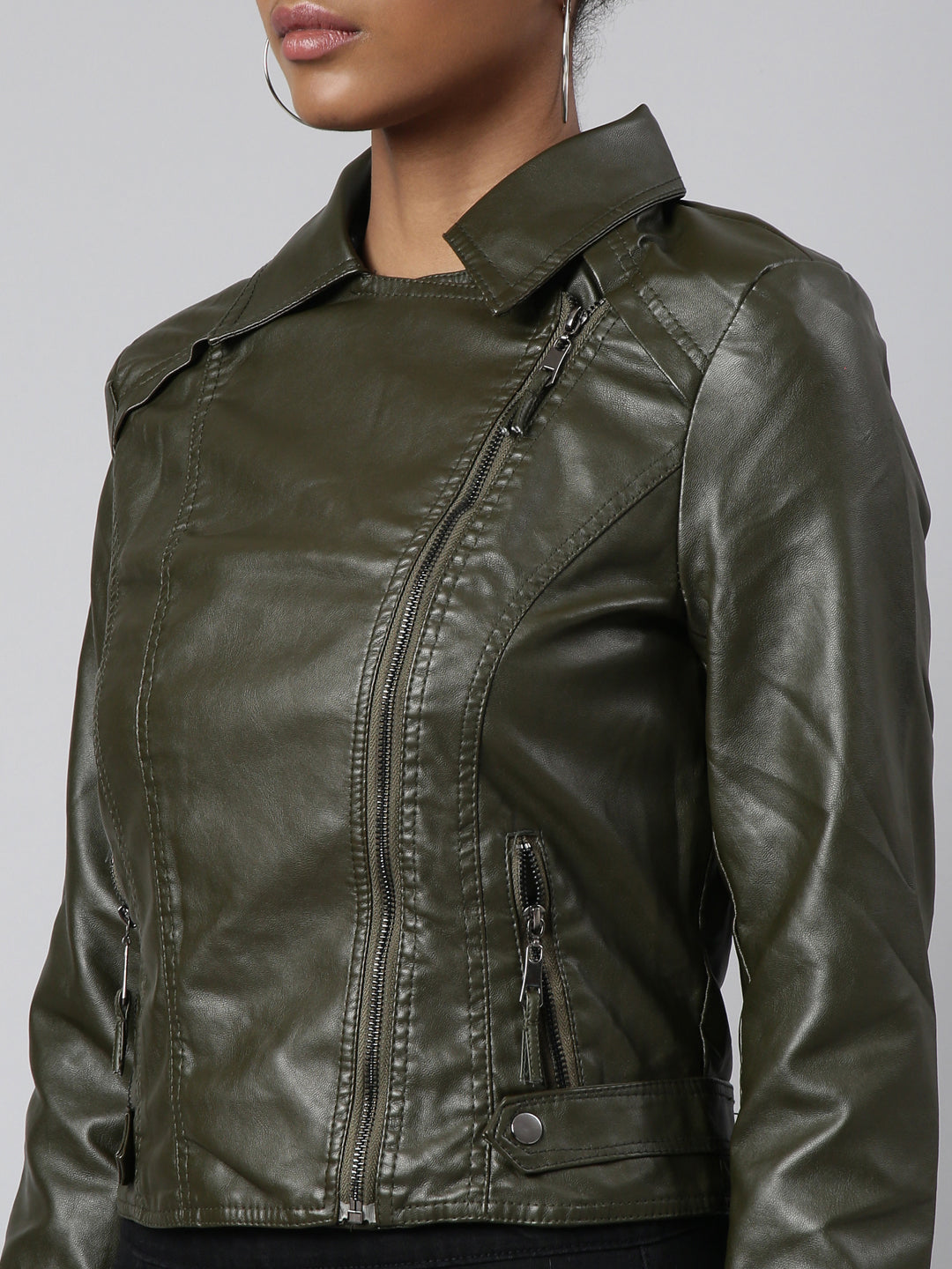 Women's Olive Spread Collar Crop Biker Jacket