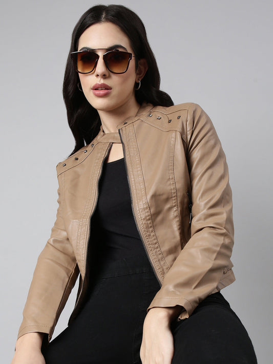 Women's Brown Mandarin Collar Biker Jacket