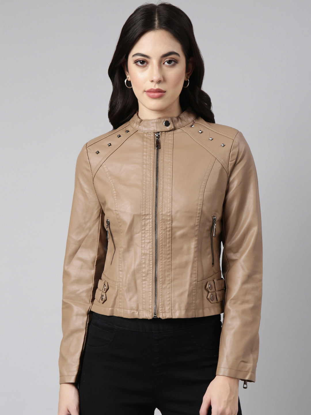 Women's Brown Mandarin Collar Biker Jacket