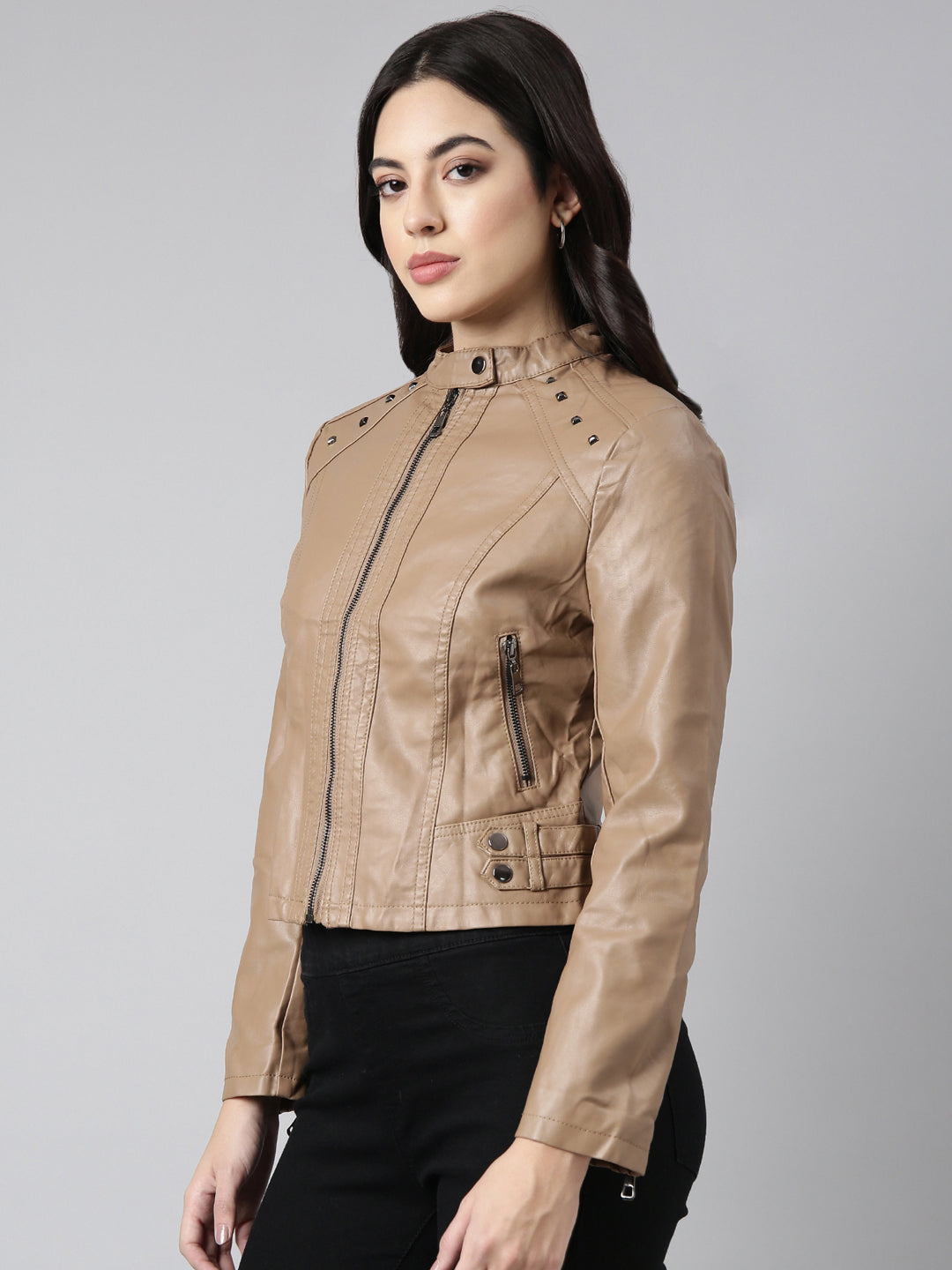 Women's Brown Mandarin Collar Biker Jacket