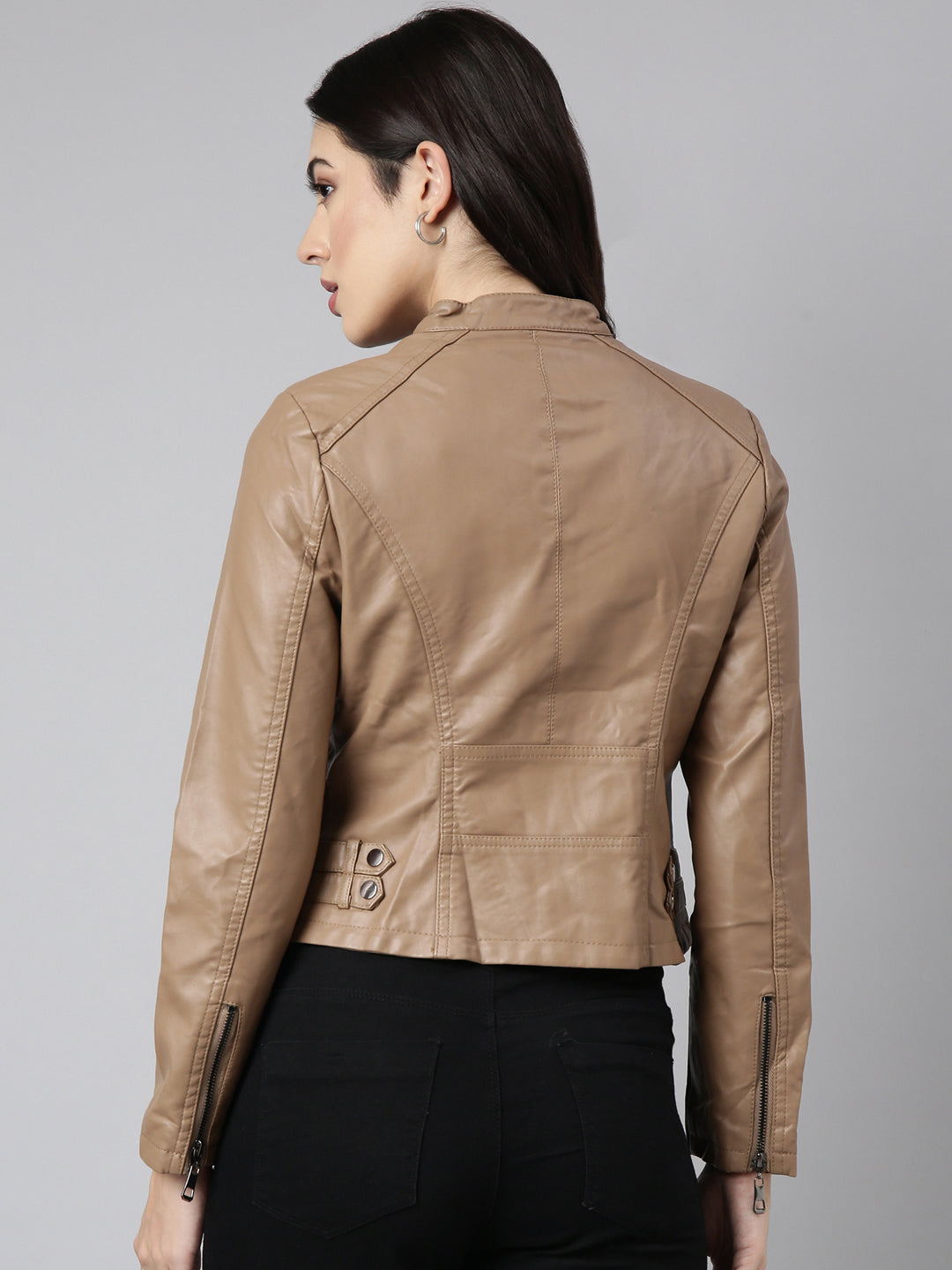 Women's Brown Mandarin Collar Biker Jacket
