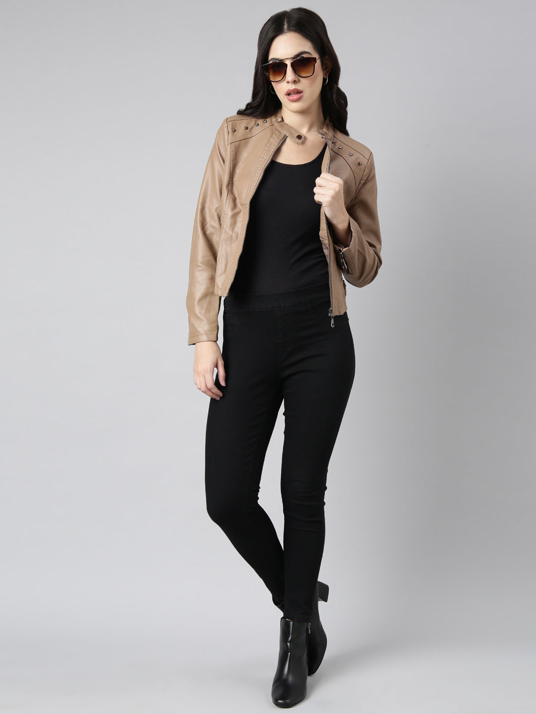 Women's Brown Mandarin Collar Biker Jacket