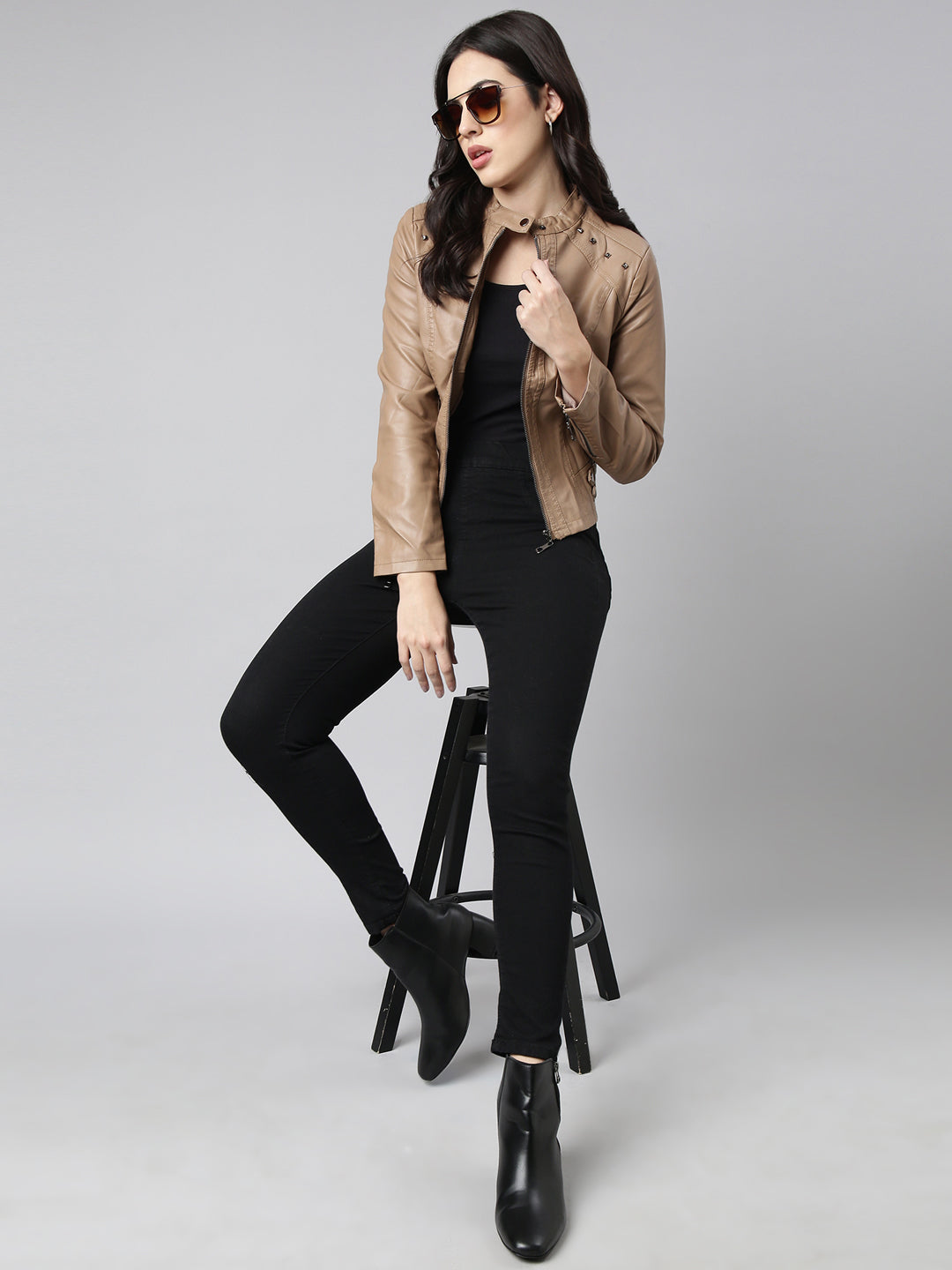 Women's Brown Mandarin Collar Biker Jacket