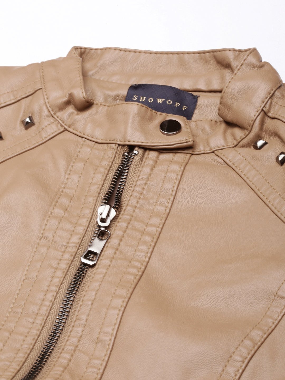 Women's Brown Mandarin Collar Biker Jacket