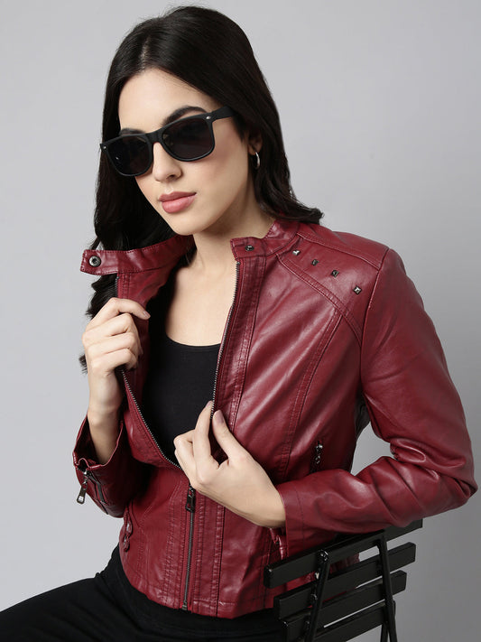 Women's Maroon Biker Jacket
