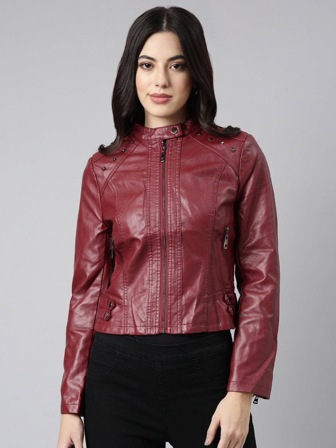 Women's Maroon Biker Jacket