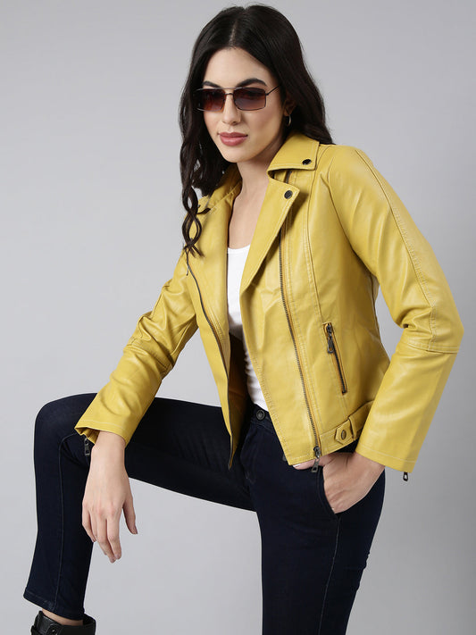 Women's Yellow Lapel Collar Biker Jacket