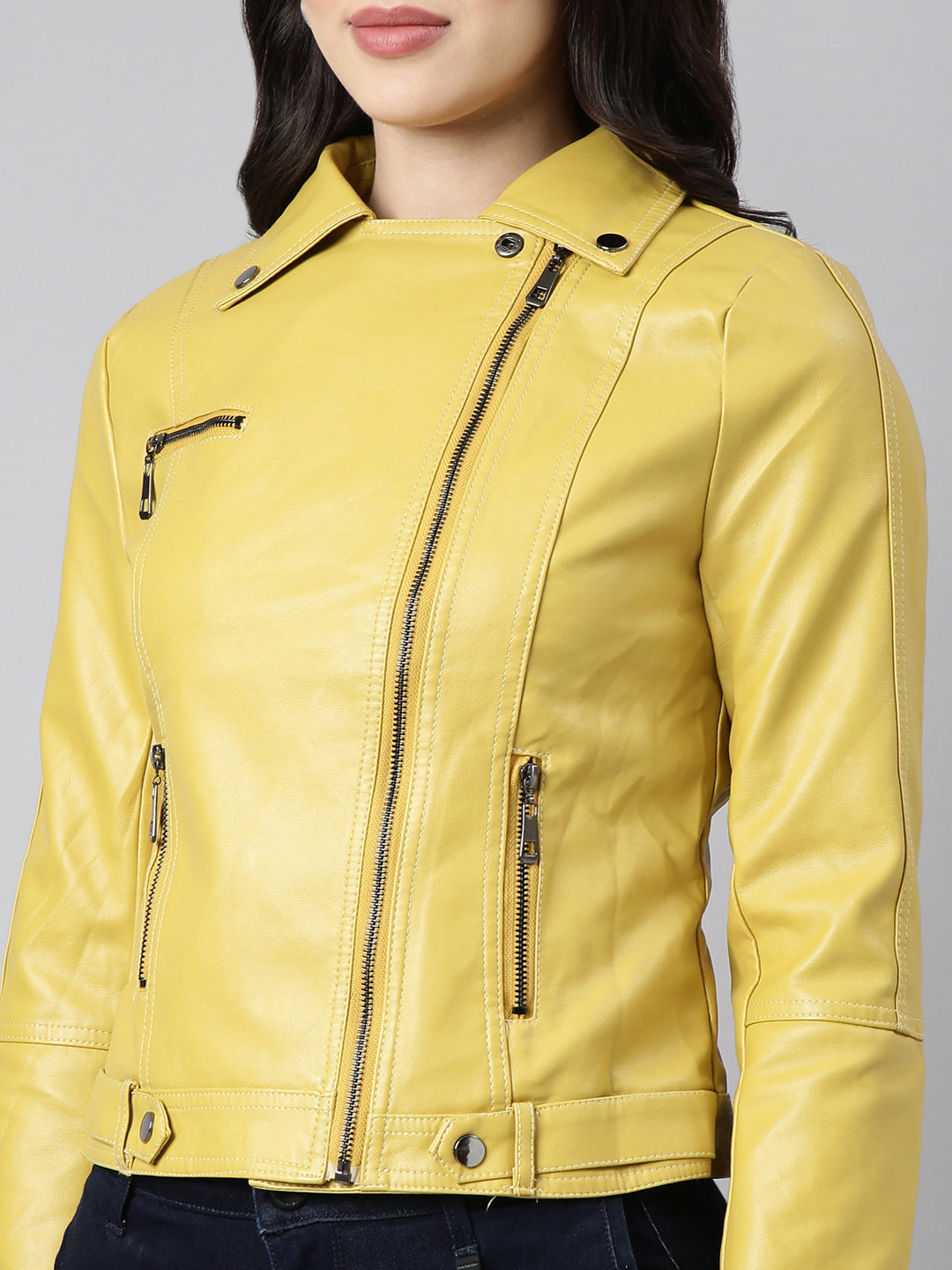 Women's Yellow Lapel Collar Biker Jacket
