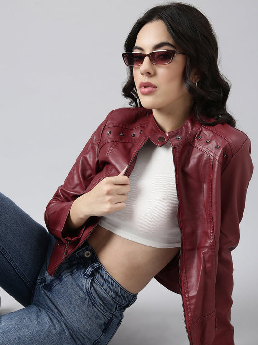Women's Maroon Crop Biker Jacket