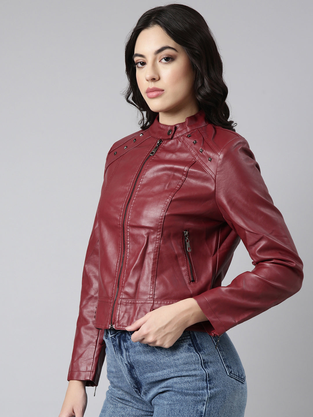 Women's Maroon Crop Biker Jacket