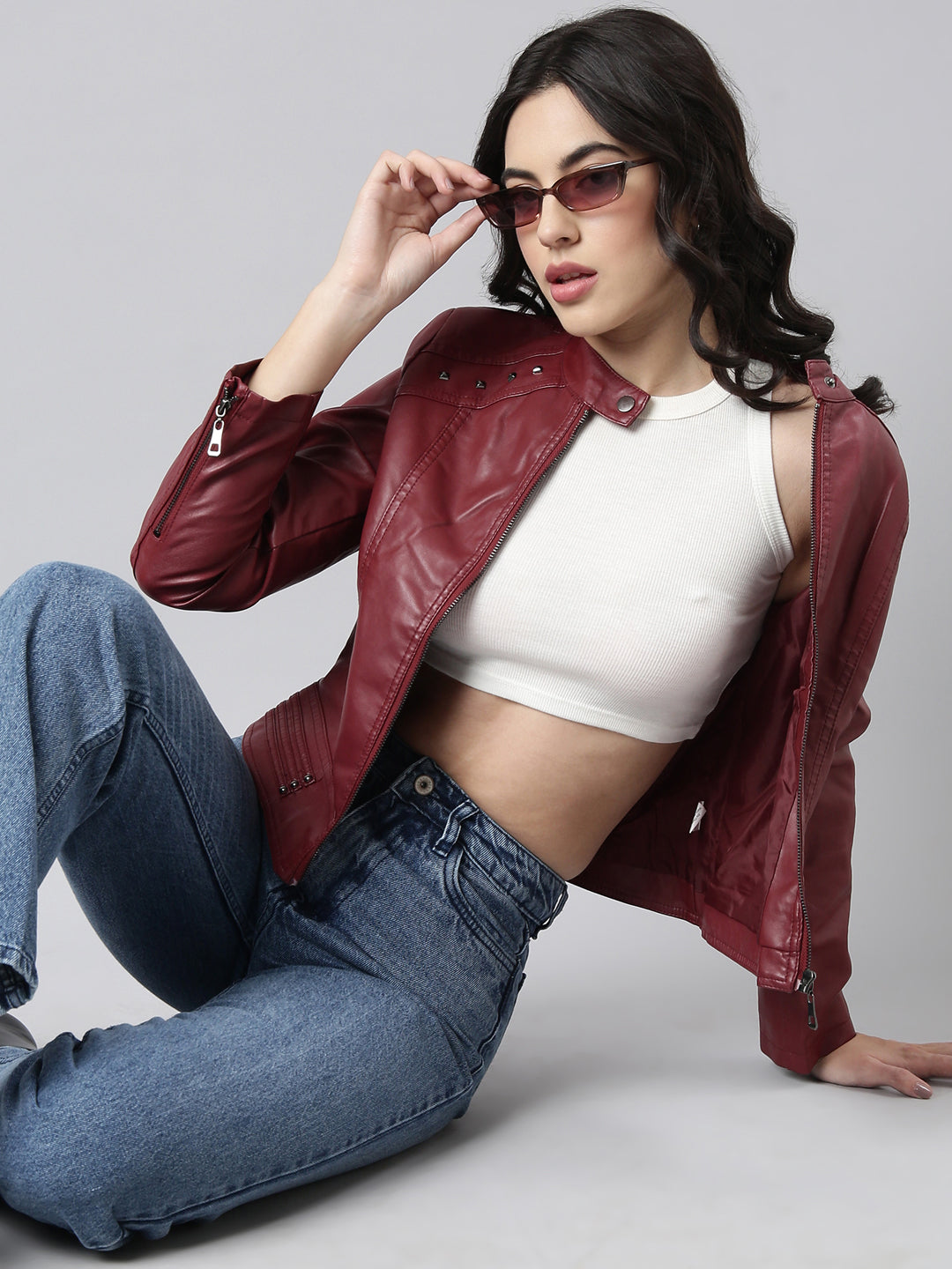 Women's Maroon Crop Biker Jacket