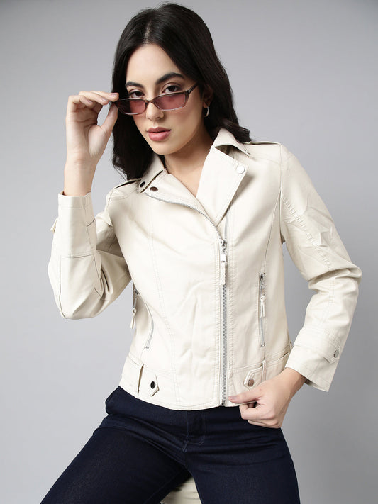 Women's Cream Crop Biker Jacket