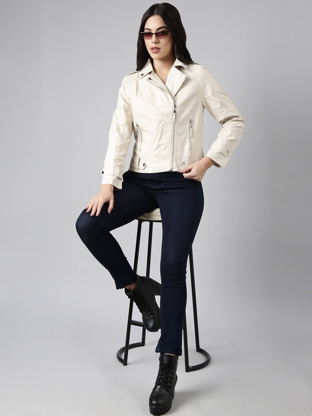 Women's Cream Crop Biker Jacket