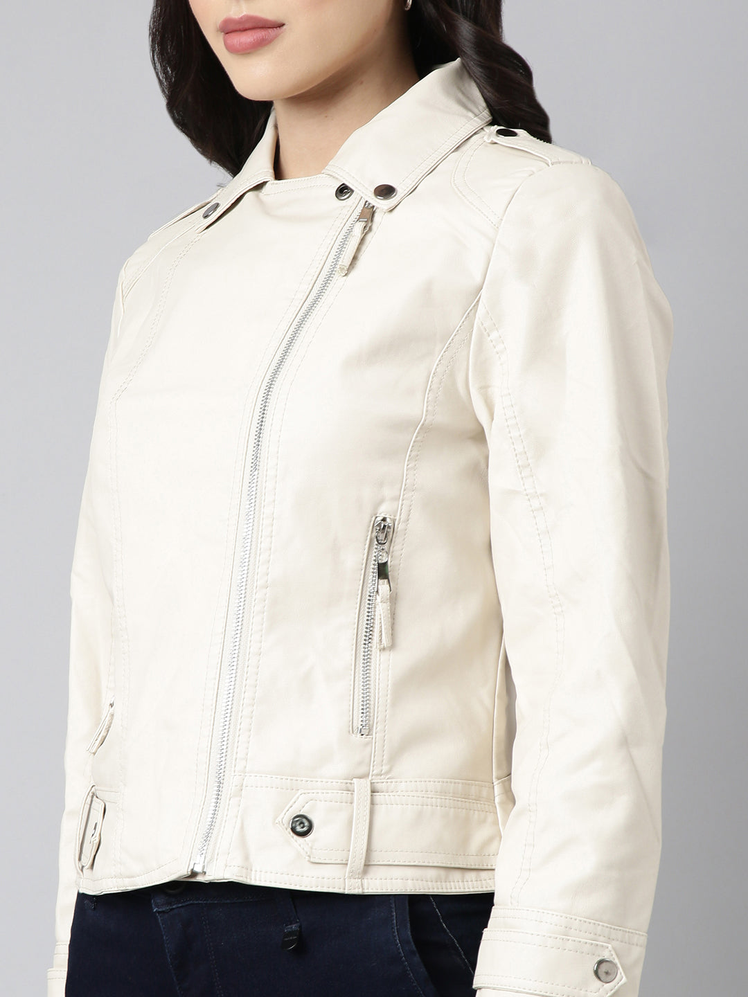 Women's Cream Crop Biker Jacket