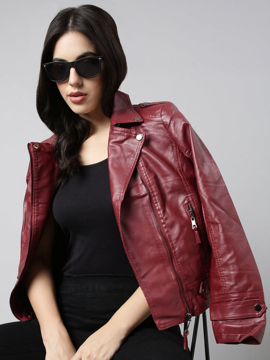 Women's Maroon Crop Biker Jacket