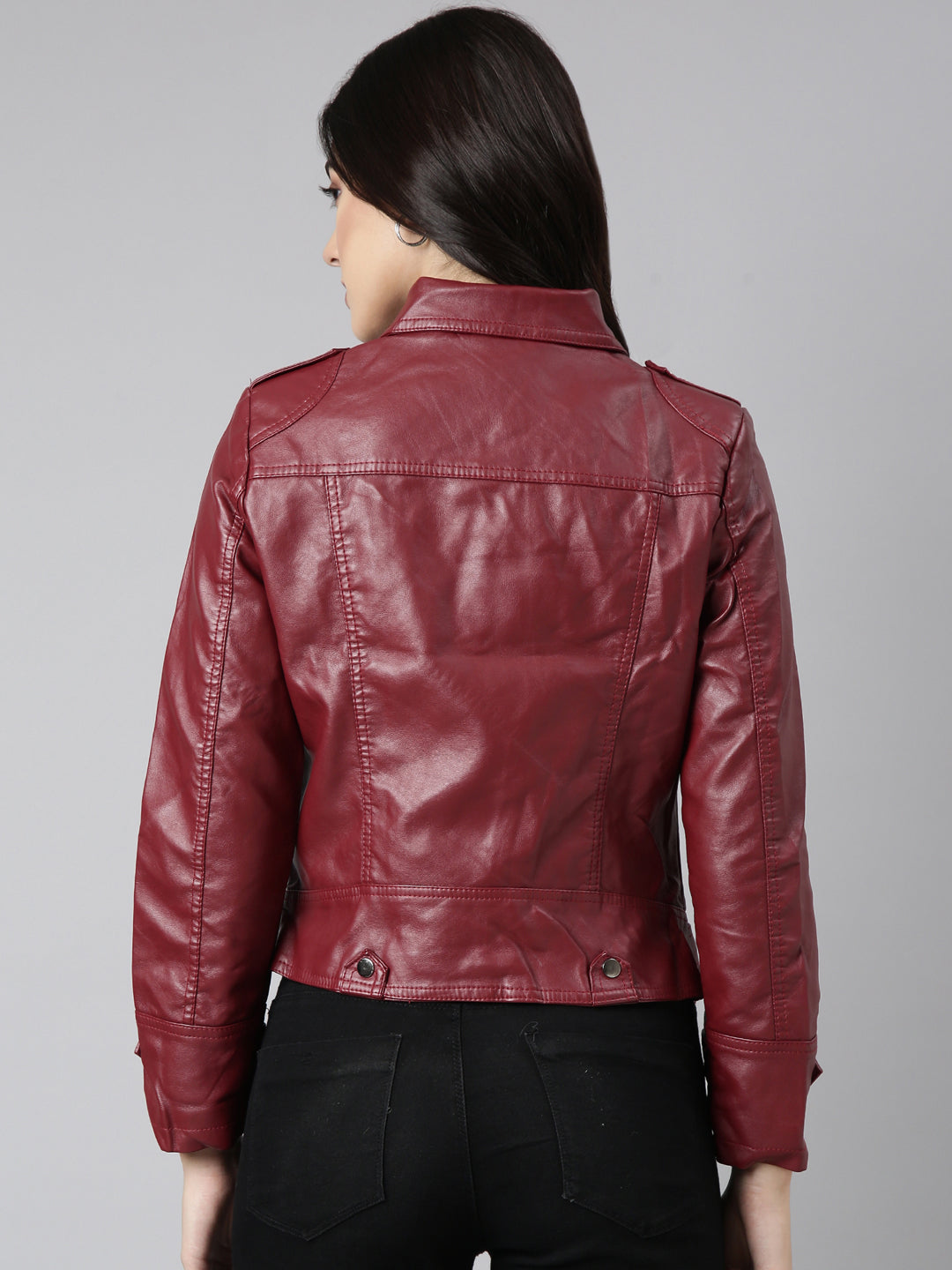 Women's Maroon Crop Biker Jacket