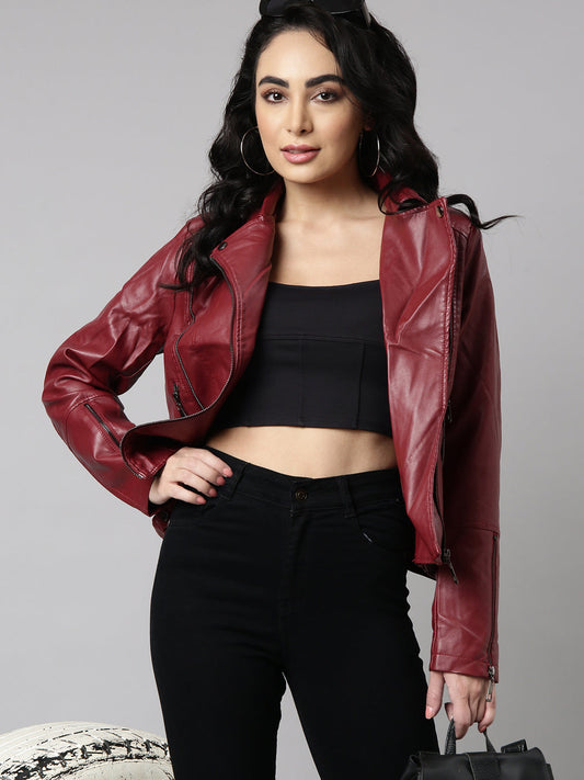 Women's Maroon Lapel Collar Biker Jacket