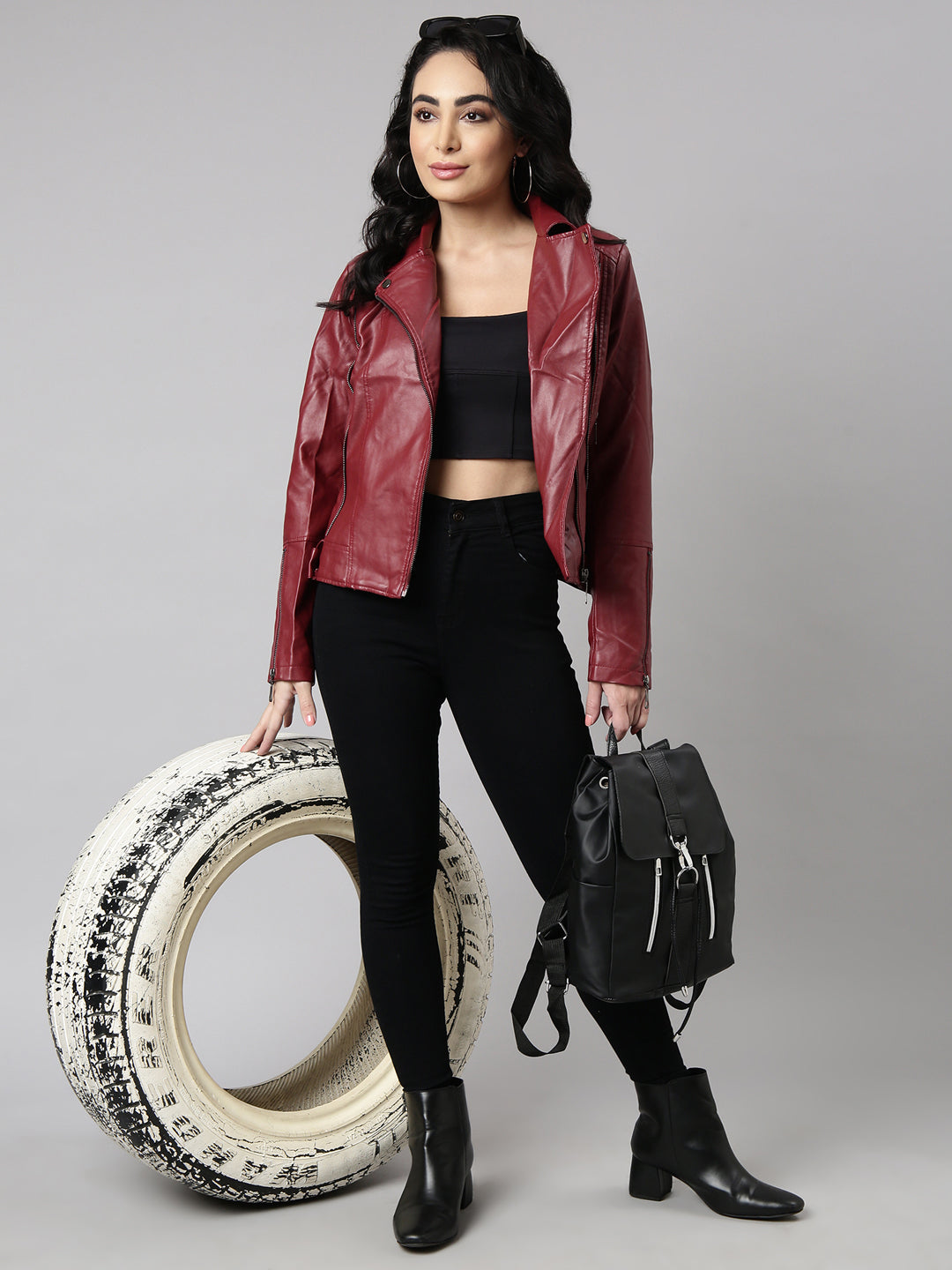 Women's Maroon Lapel Collar Biker Jacket