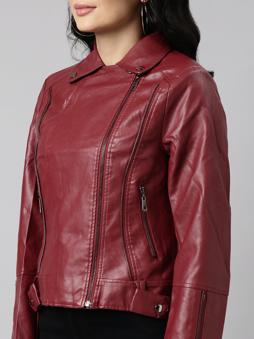 Women's Maroon Lapel Collar Biker Jacket