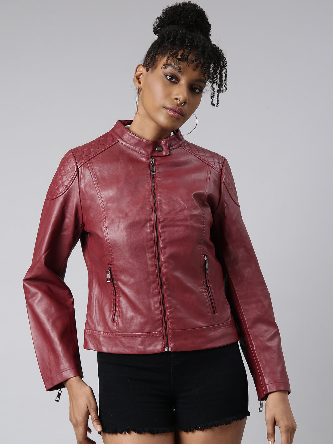 Women's Maroon Stand Collar Crop Biker Jacket