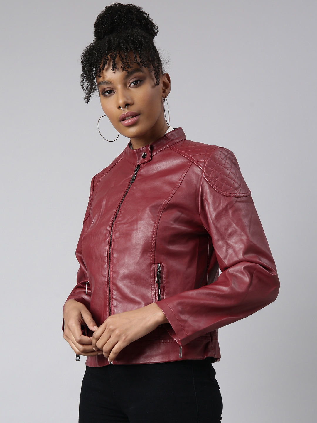 Women's Maroon Stand Collar Crop Biker Jacket