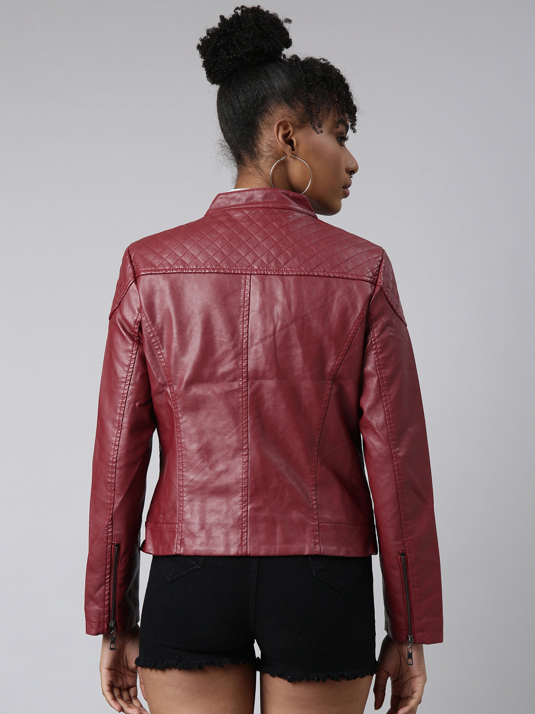Women's Maroon Stand Collar Crop Biker Jacket